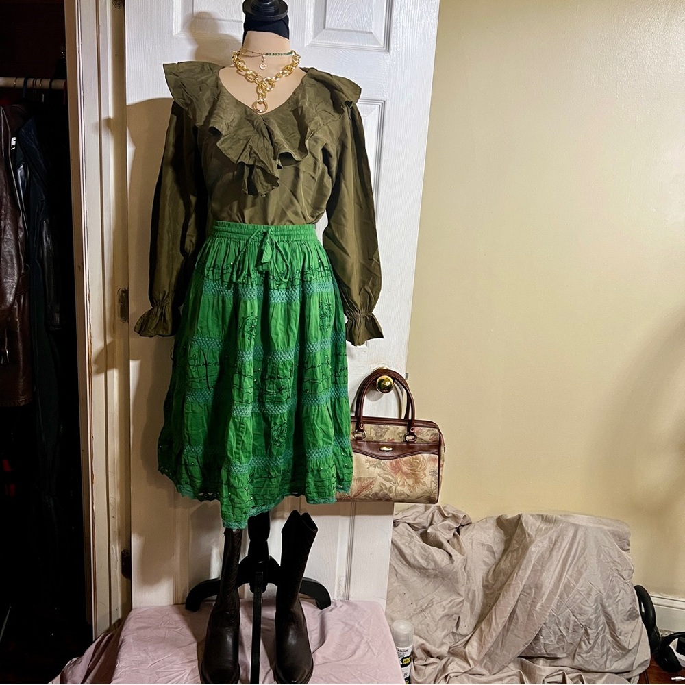 Wms Grass Green Cotton Crochet Embroidered Tiered Peasant Cottage Midi Skirt SML